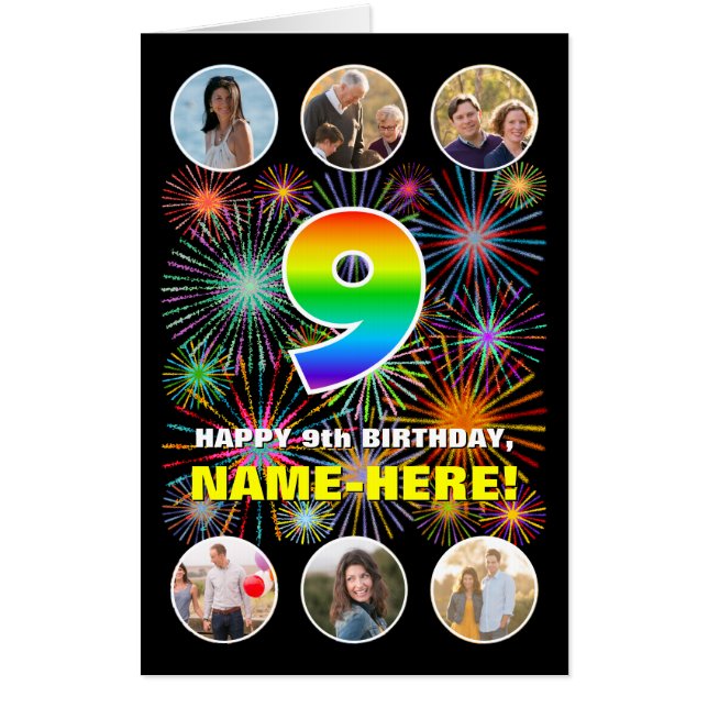 9th Birthday: Fun Rainbow #, Custom Name + Photos Card (Front)