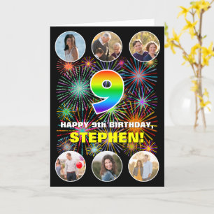 9th Birthday: Fun Rainbow #, Custom Name & Photos Card