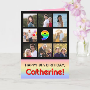 9th Birthday: Fun Rainbow #, Custom Photos + Name Card