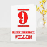 [ Thumbnail: 9th Birthday: Fun, Red Rubber Stamp Inspired Look Card ]