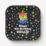 [ Thumbnail: 9th Birthday: Fun Stars Pattern and Rainbow “9” Paper Plates ]