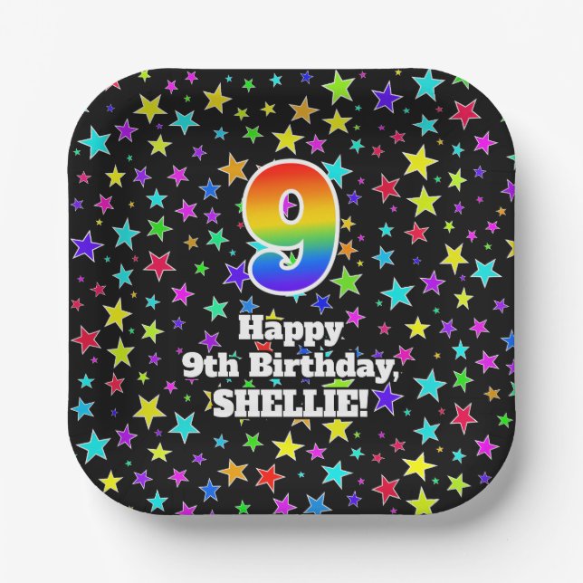 9th Birthday: Fun Stars Pattern and Rainbow “9” Paper Plates (Front)