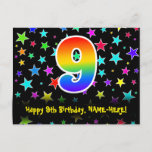 [ Thumbnail: 9th Birthday: Fun Stars Pattern, Rainbow 9, Name Postcard ]
