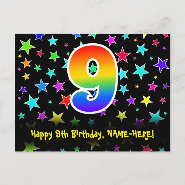 9th Birthday: Fun Stars Pattern, Rainbow 9, Name Postcard (Front)