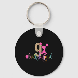 9th Birthday Girl Cheerleader Rainbow Cheerleading Keychain
