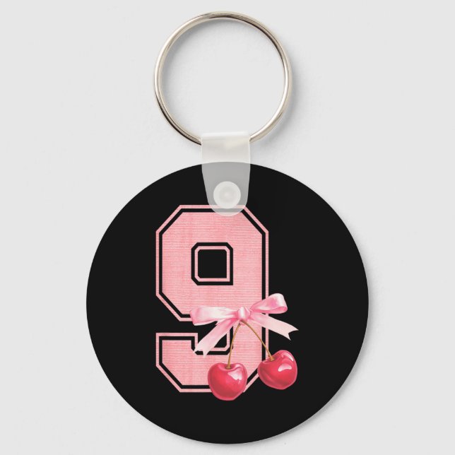 9th Birthday Girl Cherry Coquette Bow 9 Year Old G Keychain (Front)