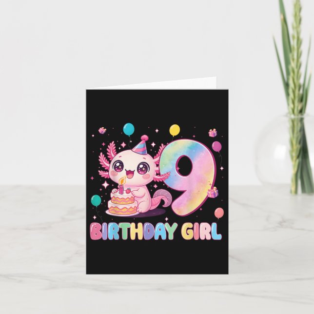 9th Birthday Girl Cute Axolotl 9 Years Old Birthda Card (Front)