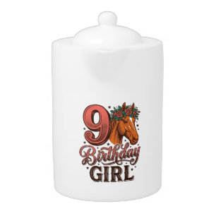 9th Birthday Girl Horse Floral Vintage Design Teapot