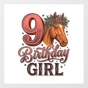 9th Birthday Girl Horse Floral Vintage Design Window Cling