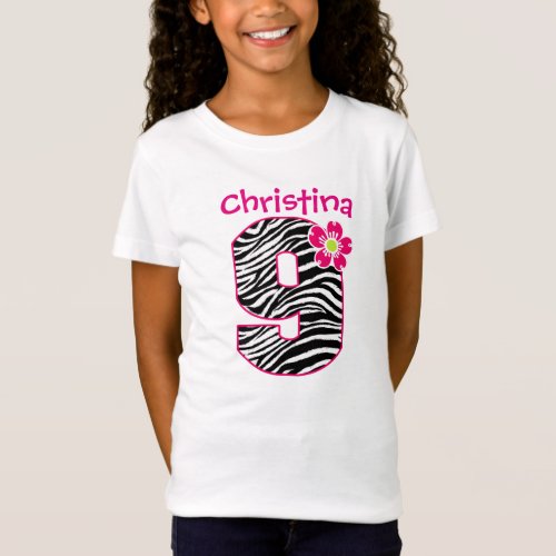 9th Birthday Girl Hot Pink  Black Zebra Pattern T_Shirt