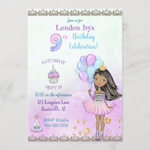 9th Birthday Girl Princess African American Invitation