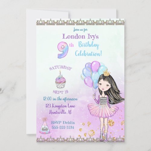 9th Birthday Girl Princess Cupcake Balloons Invitation