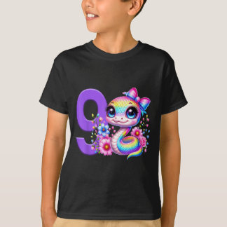 9th Birthday Girl Snake Party Rainbow Coquette Bow T-Shirt