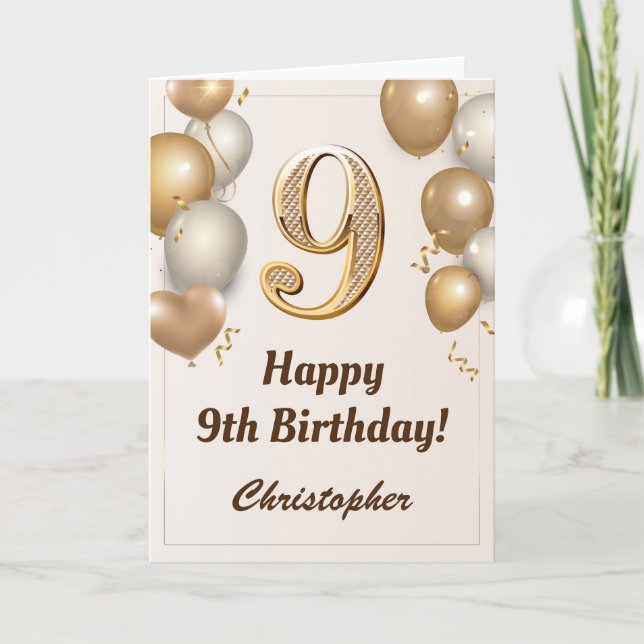 9th Birthday Gold Balloons and Confetti Birthday Card (Front)