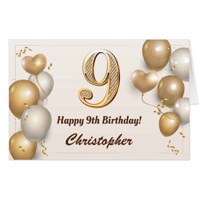 9th Birthday Gold Balloons Confetti Extra Large Card (Front Horizontal)