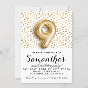 9th Birthday Gold Polkadot Invitation