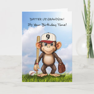 9th Birthday Grandson Baseball Monkey Bat Ball Card