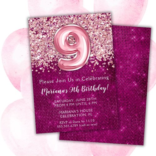 9th Birthday Invitation Girly Magenta Pink Glitter
