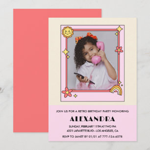 9th birthday invitation Retro Groovy Pink Floral