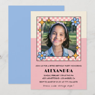 9th birthday invitation Retro Groovy Pink Flowers