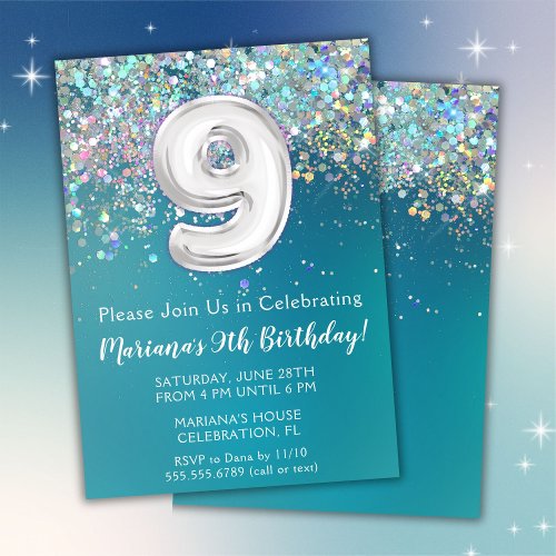 9th Birthday Invitation Teal Silver Glitter