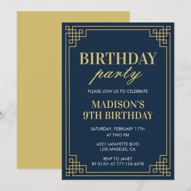 9th birthday invitations Birthday party girl navy (Front/Back)