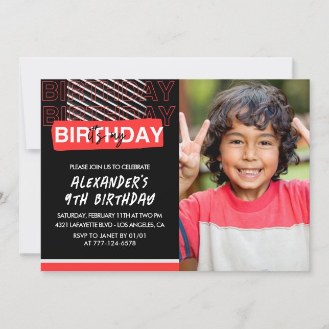 9th birthday invitations boy Party Photo Red  (Front)
