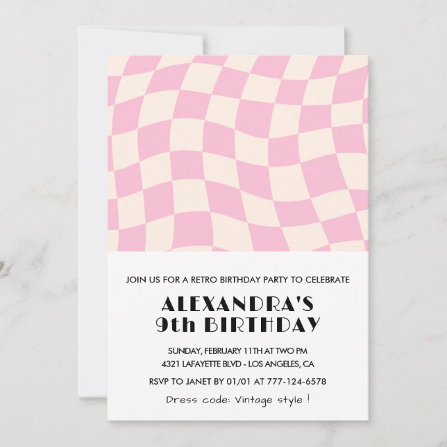 9th birthday invitations Checkered Retro Pink  (Front)