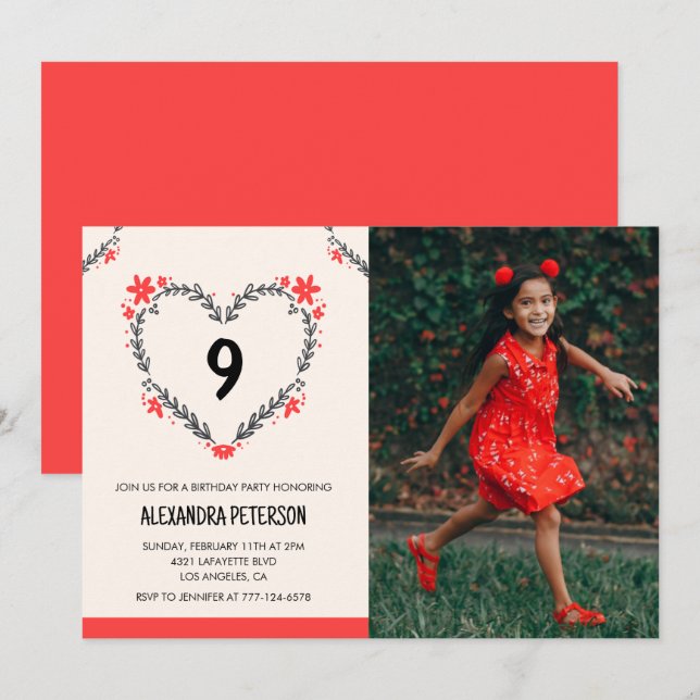 9th birthday invitations for her Floral Heart (Front/Back)