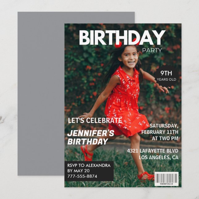 9th birthday invitations for her Magazine Cover (Front/Back)