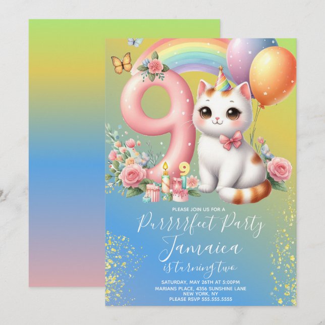 9th Birthday Kitten Rainbow Party Invitation (Front/Back)