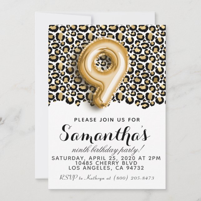 9th Birthday Leopard Animal Print Invitation (Front)