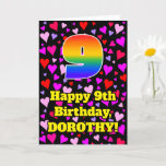 [ Thumbnail: 9th Birthday: Loving Hearts Pattern, Rainbow # 9 Card ]