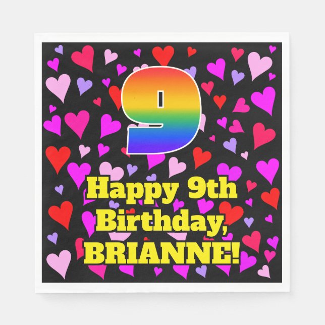 9th Birthday: Loving Hearts Pattern, Rainbow # 9 Napkins (Front)