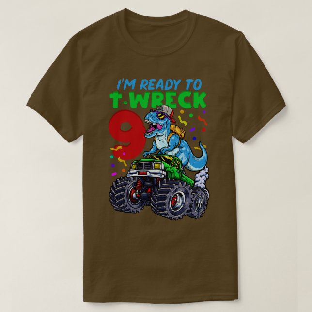 9th Birthday Monster Truck T Rex T-Shirt (Design Front)