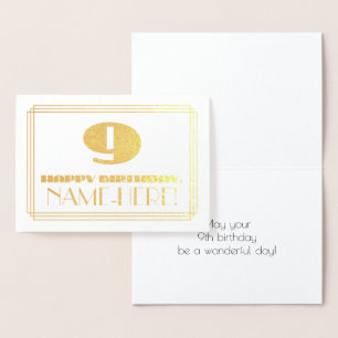 9th Birthday; Name + Art Deco Inspired Look "9" Foil Card