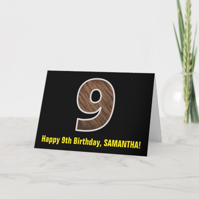 9th Birthday: Name + Faux Wood Grain Pattern "9" Card (Front)
