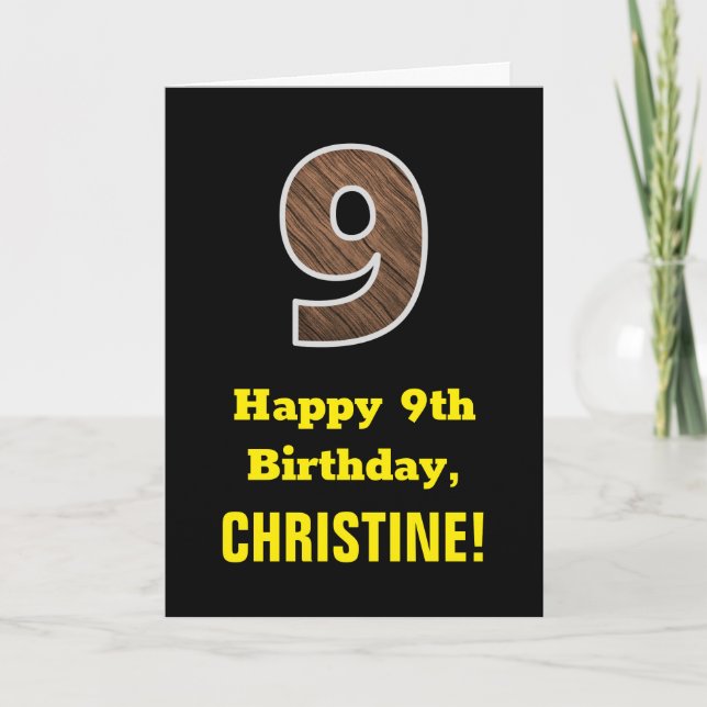 9th Birthday: Name, Faux Wood Grain Pattern "9" Card (Front)
