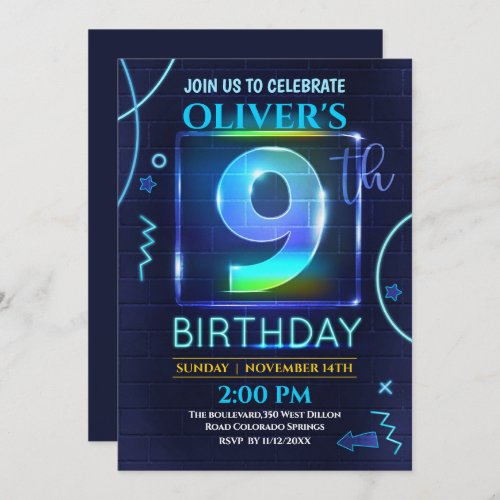  9th Birthday Neon Glow Party Invitation