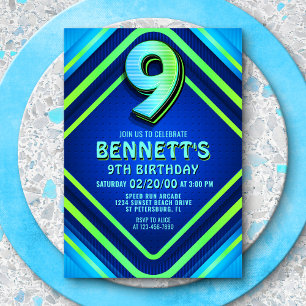 9th Birthday Neon Invitation