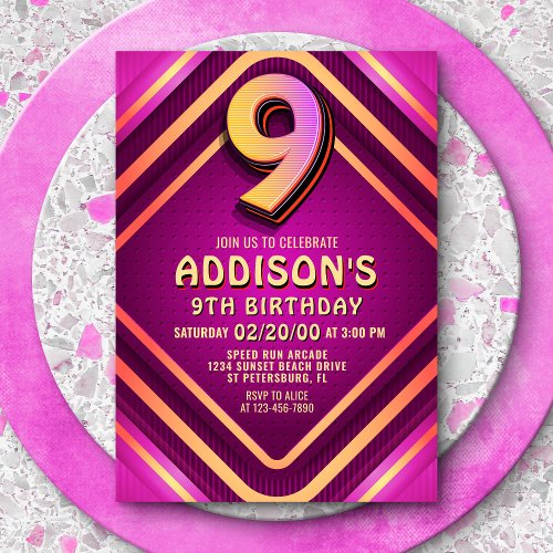 9th Birthday Neon Invitation