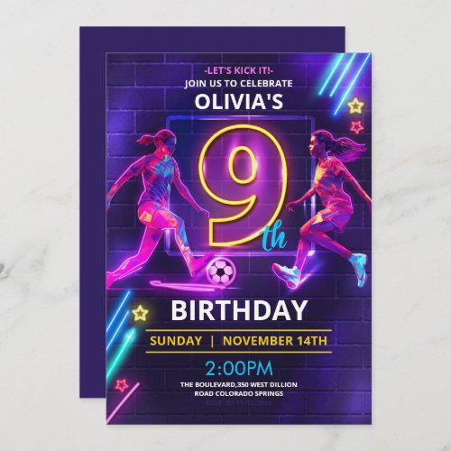 9th Birthday Neon Soccer Invitation