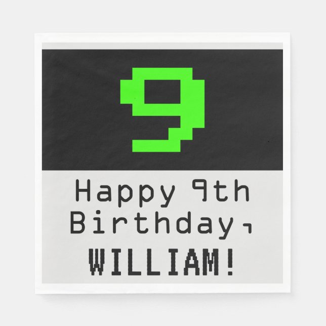 9th Birthday - Nerdy / Geeky Style "9" & Name Napkins (Front)