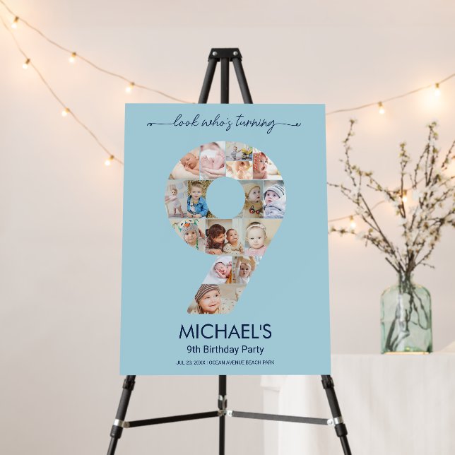 9th Birthday Number 9 Custom Photo Collage Blue Foam Board (In Situ (Stand))