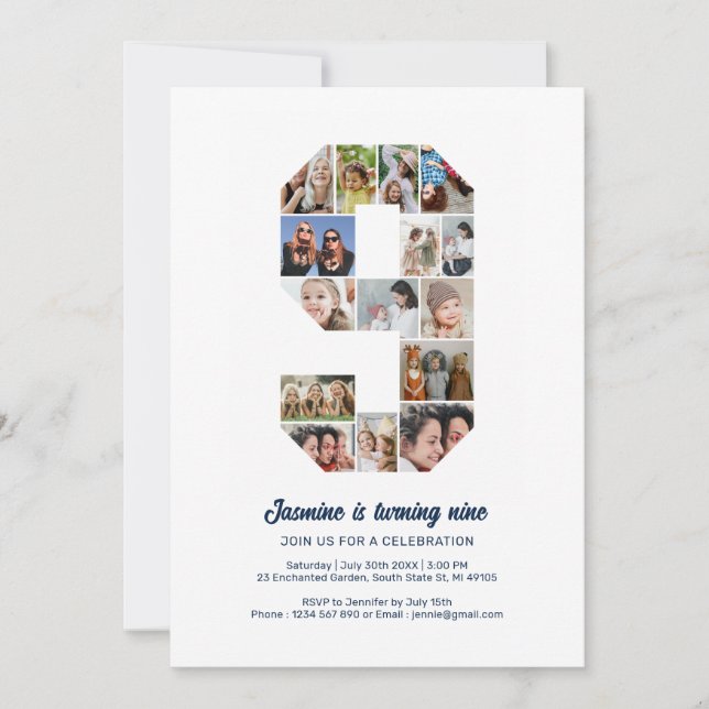 9th Birthday Number 9 Custom Photo Collage Invitation (Front)