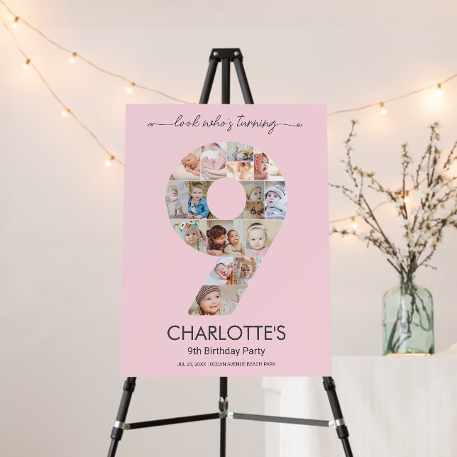 9th Birthday Number 9 Custom Photo Collage Pink Foam Board (In Situ (Stand))