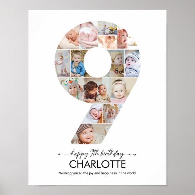 9th Birthday Number 9 Photo Collage Custom Picture Poster (Front)