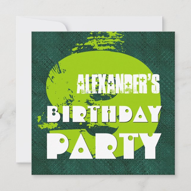 9th Birthday Party 9 Year Old Grunge Green Dots Invitation (Front)