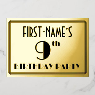 9th Birthday Party — Art Deco Look “9” + Name Foil Invitation