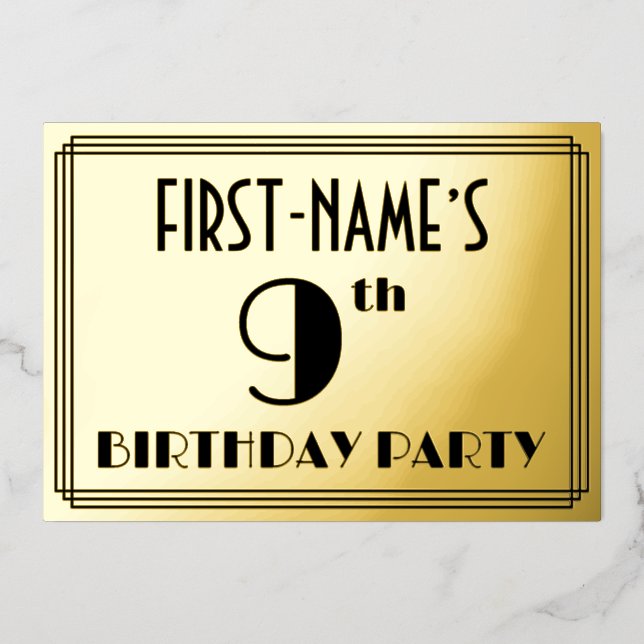 9th Birthday Party — Art Deco Look “9” + Name Foil Invitation (Front)